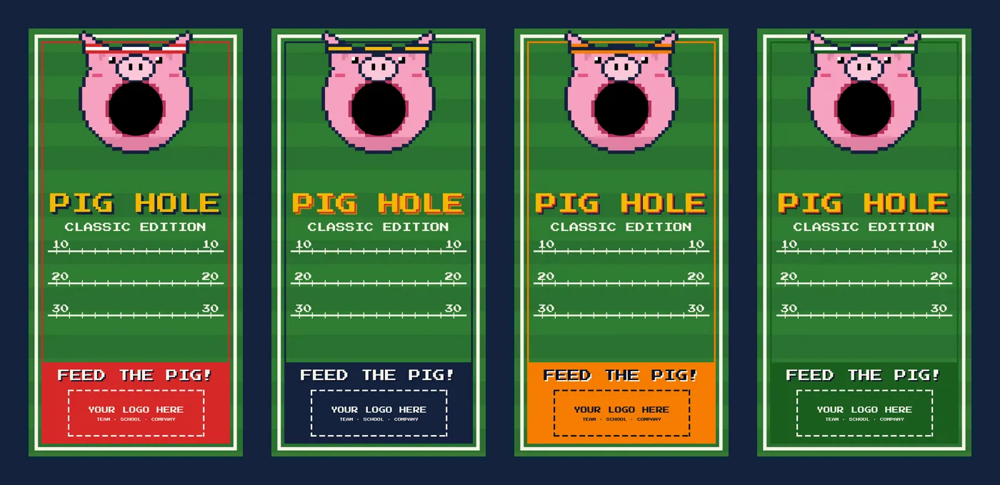 Four PIG Hole Classic cornhole boards in different team colorways: red, navy, orange and dark green end zones.